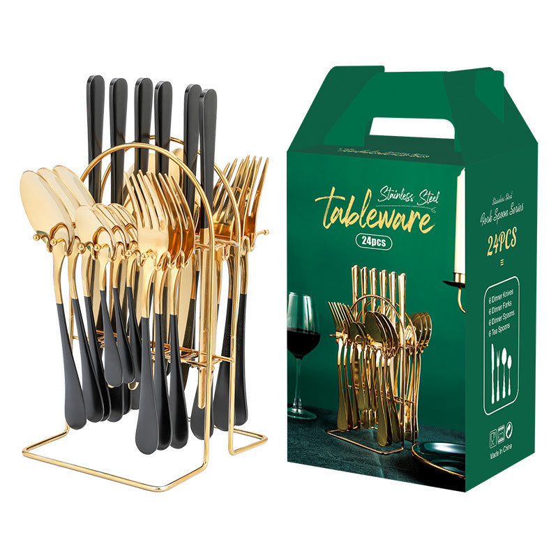 Gold Stainless Steel Cutlery Set – Luxury Knife, Fork & Spoon Tableware with Storage Rack | Dishwasher Safe
